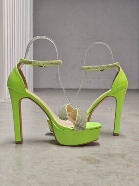 Neon Green Rhinestone Platform High Heel Sandals With Clear Ankle Strap Square T